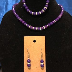 3 Pcs Necklace Bracelet Earring Toggle Czech Glass Bead PurpleSilver Rhinestone